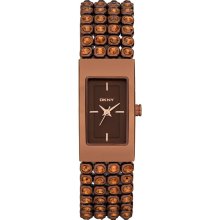 New Womens DKNY Rectangular Analog Watch Brown Steel Bracelet Crystals