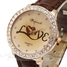 Newest Lover Heart Pattern Crystal Dial Fashion Brown Women Lady Girl Wristwatch