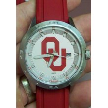 Oklahoma Sooners Fossil Mens 3 Hand Pu Watch With Date