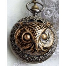 Owl pocket watch, mens pocket watch with wise owl head mounted on front case