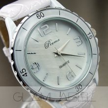 Oyster Fashion Elegant Quartz Hours Dial White Leather Women Wrist Watch Wc075