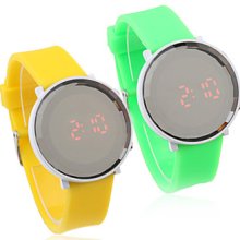 Pair of Jelly Sports Crystal Style Round Mirror Face Red LED Wrist Watch - Yellow & Green