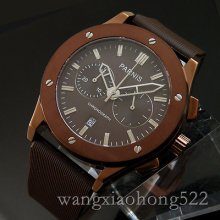 Parnis Coffee Dial Chronograph Quartz Mens Watch Coffee Case Rubber Strap 436