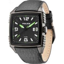 Police Men's Patrol Square Black & Green Dial, Black Leather Strap 13839JSU/02 Watch