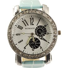 PU Big Dial Leather Band Crystal Characteristic Women Girl Ladies Wrist Watch - Light Blue