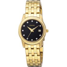 Pulsar By Seiko Pxt592 Gold Tone Black Dial & Swarovski Crystals Women's Watch