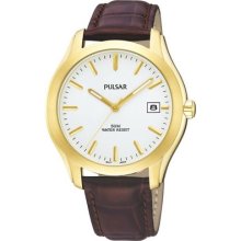 Pulsar Pxh734 Mens Genuine Leather White Dial Date Gold Tone Watch