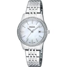 Pulsar Womens Crystal Analog Stainless Watch Silver Bracelet Pearl Dial Ph7233