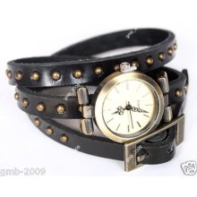 Retro Round Gear Dial Extremely Long Genuine Leather Strap Women's Quartz Watch