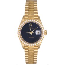 Rolex Ladies Barked President Gold & Diamond Watch 69278 Black Dial