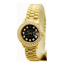 Rolex Ladies President Yellow Gold Certified Pre-Owned Navy Blue Diamond Dial/1.8ct Channel Set Diamond Bezel/2.00ct Diamond Bracelet