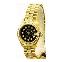 Rolex Ladies President Yellow Gold Certified Pre-Owned Black Diamond Dial/1.00ct Channel Set Diamond Bezel/2.00ct Diamond Bracelet