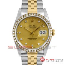 Rolex Mens Datejust Two Tone Champagne Dial Diamond Bezel Jubilee