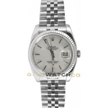 Rolex Mens New Style Heavy Band Stainless Steel Datejust Model 116234 Jubilee Band 18K White Gold Fluted Bezel Mother of Pearl Stick Dial