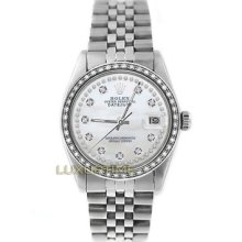 Rolex Mens Watch Ss Datejust 16014 Mop String Diamond Dial & 1ct Diamond Bezel