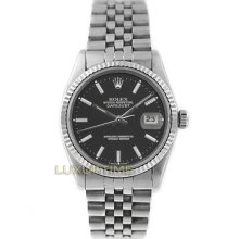 Rolex Mens Watch Ss Datejust 16014 Black Stick Dial 18k Gold Fluted Bezel Mint