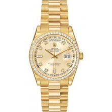 Rolex Oyster Perpetual Day-Date 18kt Yellow Gold Diamond Mens Watch 118348