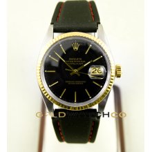 Rolex Stainless Steel & Gold Mens Datejust Model Quickest Movement Black Stick Dial and Yellow Gold Fluted Bezel
