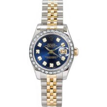 Rolex Women's Datejust Two Tone Custom Diamond Bezel & Blue Diamond Dial