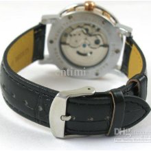 Rose Gold Mens Automatic Watch Full Skeleton Leather Watch Freeship