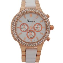 Rosegold And White Acrylic Band Geneva Watch With Crystals Bezel For Women