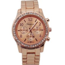Rosegold Geneva Watch With Crystals Bezel For Women