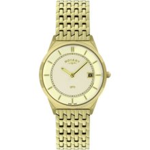 Rotary Gents Ultra Slim Gold Plated Metal Bracelet with White Dial Wat