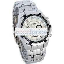 Round Dial Steel Band Men's Wrist Watch (White) - White - White Gold