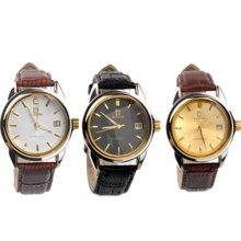 Round Steel Case Men's Mechanical Wrist Watch Date Display PU Leather