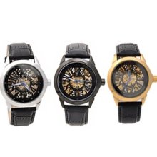 Round Steel Case Men's Mechanical Wrist Watch PU Leather Band