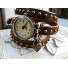Sale - Nature's Best Wrap Around Brown Studded Leather Wrap Watch - Wrist Watch - Leaf & Bell Charm - Nature/Tree Lovers Watch