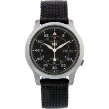 Seiko 5 Black Dial Black Canvas Strap Automatic Mens Watch Snk809k2