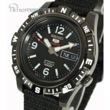 Seiko 5 Sports Mens Automatic Black Face Black Nylon Strap Srp147j1