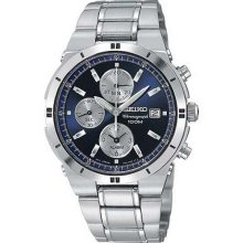 Seiko Alarm Chronograph Stainless Blue Dial Date Indicator Mens Watch