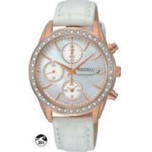 Seiko Ladies` Crystal Chronograph Watch W/White Band