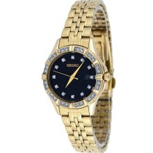 Seiko Ladies Gold Tone Stainless Steel Case and Bracelet Black Dial Crystals Date Display SXDF20
