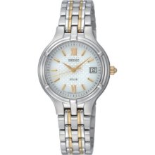 Seiko Ladies Quartz Analogue Watch Sut017p1 With Two Tone Solar Bracelet And White Dial