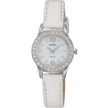 Seiko Ladies Stainless Steel Case Solar Quartz Mother of Pearl Dial Swarovski Crystals Leather Strap SUP133