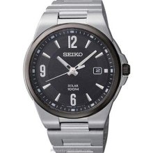 Seiko Mens Solar Stainless Steel Date Watch Black Dial SNE211