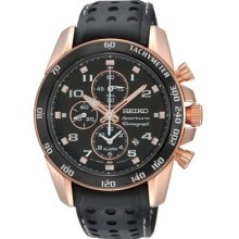 Seiko Men's Sportura Snae80 Alarm Chrono Black Dial Rose Gold Case Leather Watch