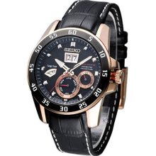 Seiko Men's Stainless Steel Case Kinetic Perpetual Premier Leather Strap Black Dial SNP056