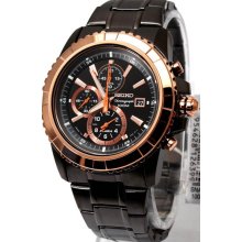 Seiko Men's Stainless Steel Case and Bracelet Alarm Chronograph Black Dial Rose Gold Bezel SNAE10