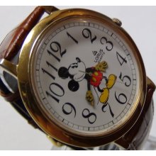 Seiko Mickey Mouse Men's Gold Quartz Ultra Thin XL (44mm!) Watch w/ Croco Strap