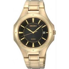 Seiko SGEF66 Mens Gold Tone Stainless Steel Black Dial Quartz Link Bracelet