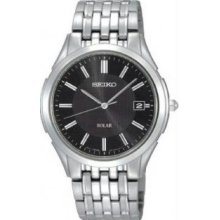 Seiko SNE127 Mens Stainless Steel Solar Quartz Link Bracelet Black Dial