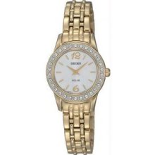 Seiko SUP128 Womens Gold Tone Stainless Steel Solar Quartz White Dial Swarovski Crystals