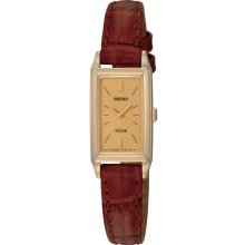 Seiko Womens Solar Stainless Watch - Brown Leather Strap - Gold Dial - SUP046