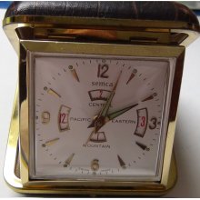 Semca Gold Swiss Made Alarm Four Time Zones Clock w/ Case