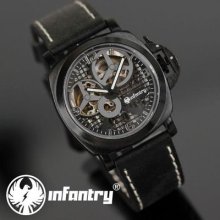 Semi Automatic Infantry Police Mens Army Mechanical Analogue Watch Black Leather