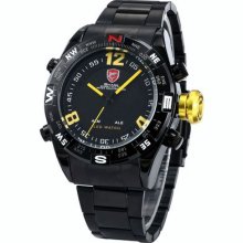 Shark Led Digital Date Day Yellow Men Stainless Steel Sport Quartz Watch Gbh